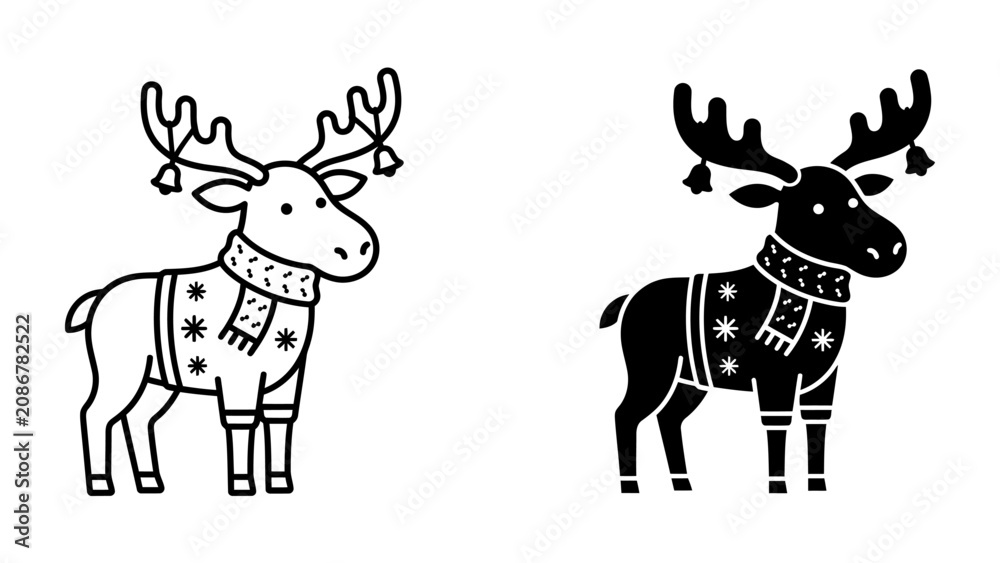 Fototapeta premium Christmas Reindeer Icon: A festive reindeer dressed in a holiday sweater and scarf, adorned with bells, presented in both outline and solid silhouette for versatile design use.