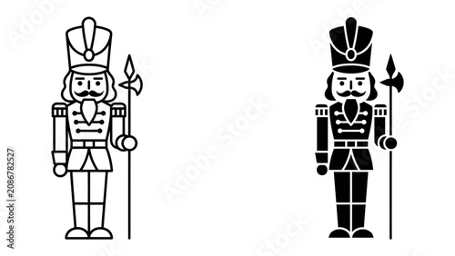 Nutcracker Soldier Icon: A regal nutcracker soldier depicted in two iconic styles, a detailed outline and a bold silhouette, holding a spear, ready for festive duty.