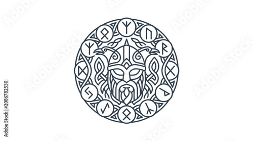 Schilderij op canvas Viking warrior face with runes circular emblem design.