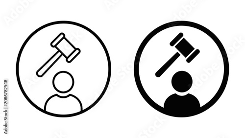 Fotografía Legal Iconography: A set of minimalist icons representing legal authority, featuring a gavel positioned above a human silhouette within a circle, symbolizing justice and judgment