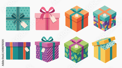 Collection of eight colorful gift boxes with ribbons and tags in white background.