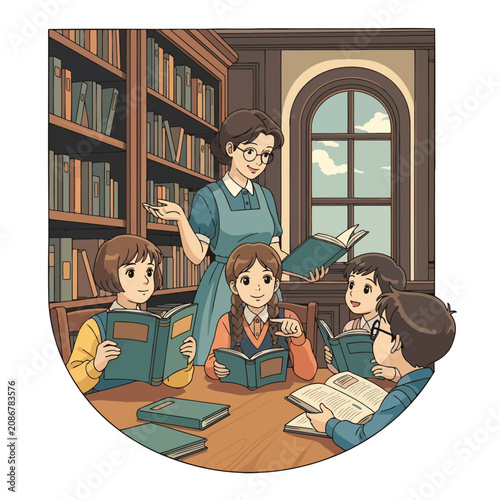 A teacher reads a story to a group of young students in a library