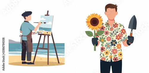 Creative duo painting sunflower by the seaside with shovel and easel