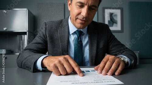Man In A Suit Reviewing Policy Benefits And Coverage Details At His Desk