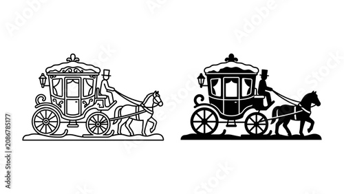 Fotografía Vintage Horse-Drawn Carriage Icon: An elegant, ornate carriage pulled by a horse, driven by a coachman, depicted in both outline and silhouette for versatile use