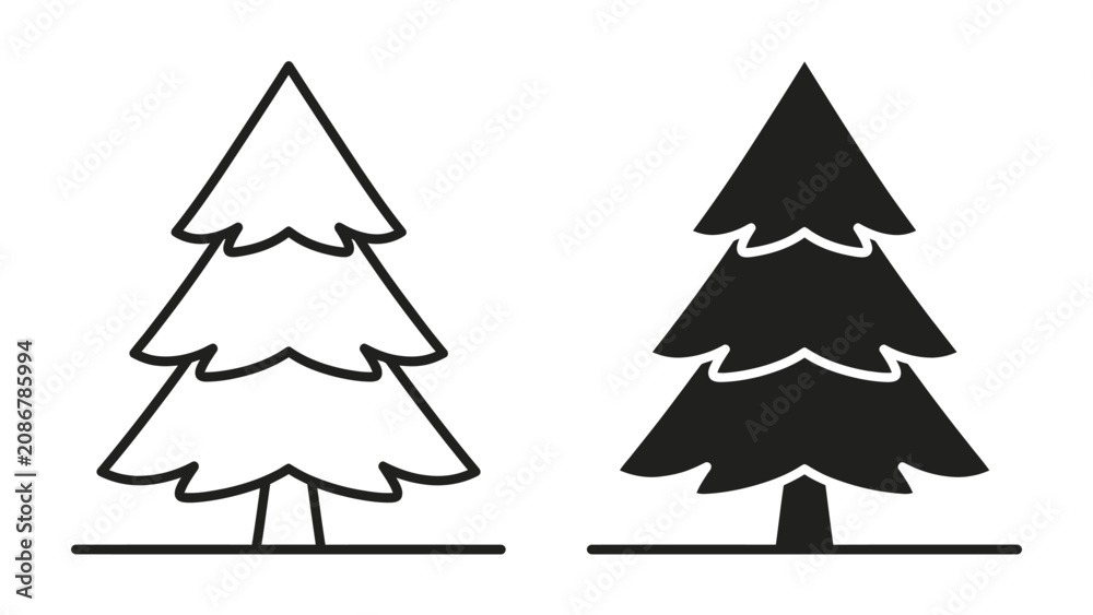 Obraz premium Christmas Tree Outline and Silhouette: A clear, simple graphic presentation of a Christmas tree in both an outline and a solid silhouette style, ready for seasonal design use.