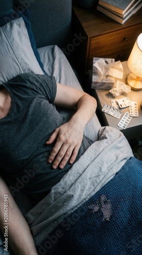 Man Feeling Unwell In Bed With Medicine On Nightstand