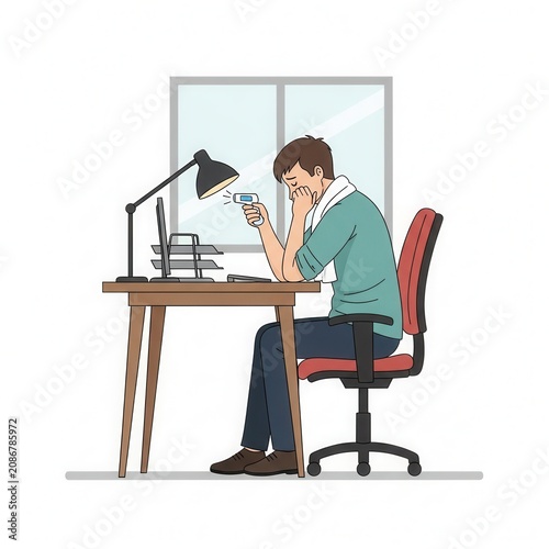 Man Feeling Unwell Taking Temperature While Working From Home