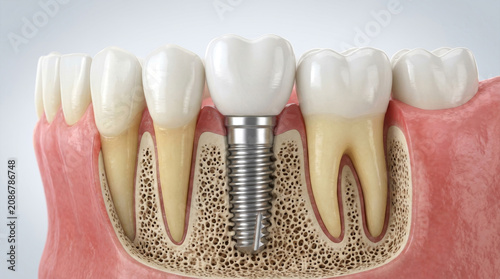 Dental implant structure model, anatomical cross section of human teeth in jawbone, prosthodontics and dentistry education concept