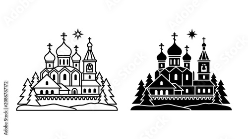 Obraz na plátne Russian Orthodox Church Emblem: An illustrative emblem depicting a traditional Russian Orthodox church surrounded by pine trees, symbolizing faith and heritage, with a star overhead