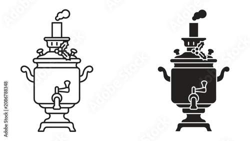 Tableau sur toile Traditional Samovar Icons: A pair of stylized icons representing a samovar, a traditional Russian tea urn, showcasing both outline and silhouette designs for versatility