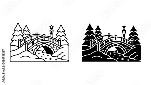 Картината върху платно Winter Bridge Icon: A stylized illustration of a snow-covered bridge adorned with fir trees and street lamps, offering a glimpse into a serene winter landscape