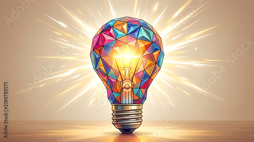 Glowing Stylized Light Bulb with Geometric Colorful Patterns and Radiant Light Rays