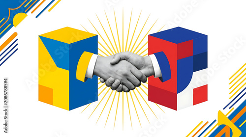 Handshake between 3D geometric blocks with bright colors and light rays in abstract business concept
