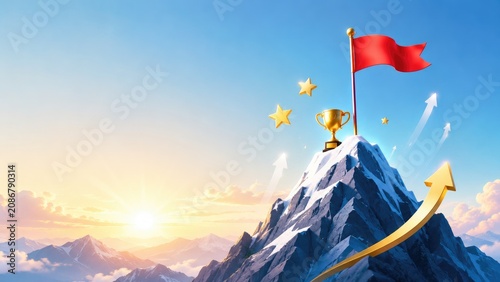Mountain summit with trophy and red flag under sunrise, golden upward arrow and stars symbolizing achievement and success