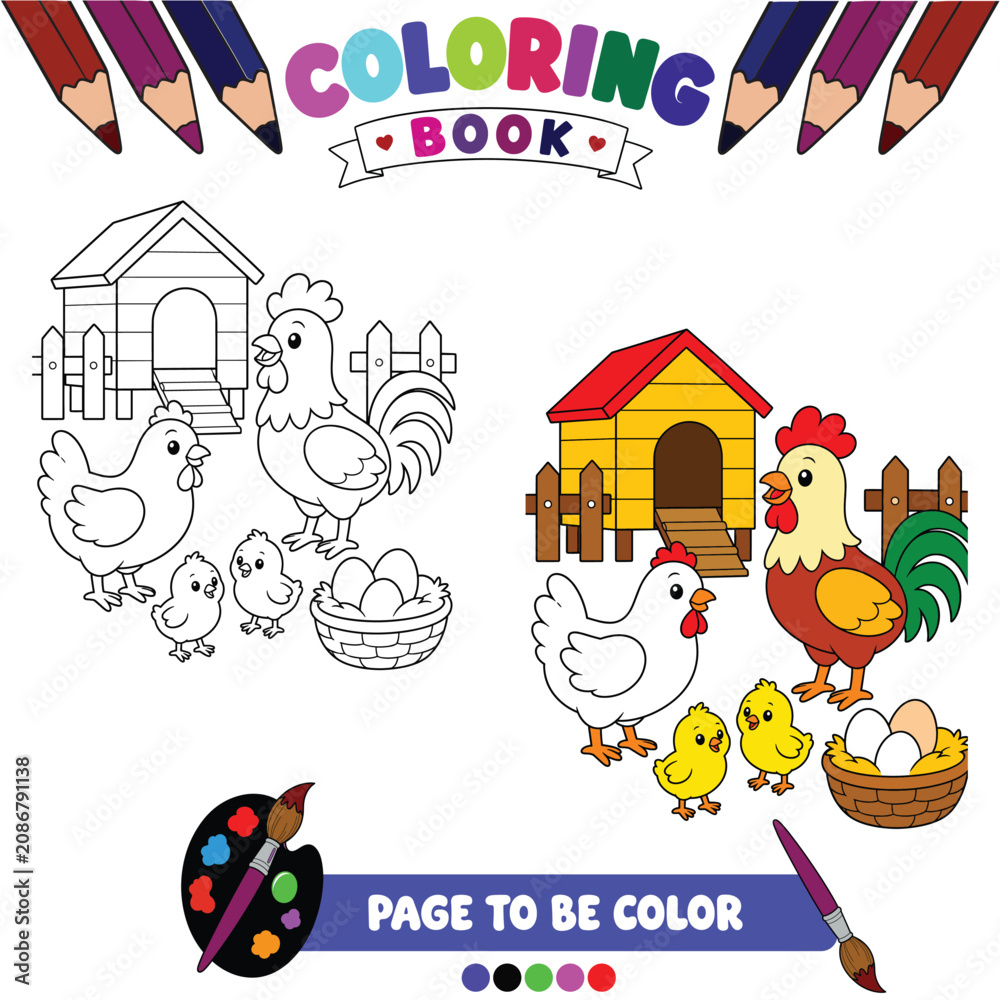 Fototapeta premium Cute Farm Animal Care Coloring Page Featuring Young Farmer Feeding Friendly Animals in a Simple Rural Barnyard 