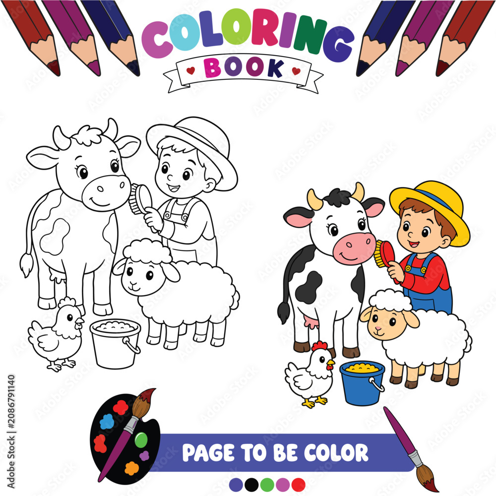 Fototapeta premium Cute Farm Animal Care Coloring Page Featuring Young Farmer Feeding Friendly Animals in a Simple Rural Barnyard 
