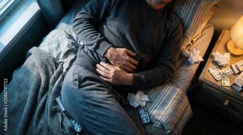 Man Experiencing Abdominal Pain Lying In A Dimly Lit Bedroom With Medication Nearby