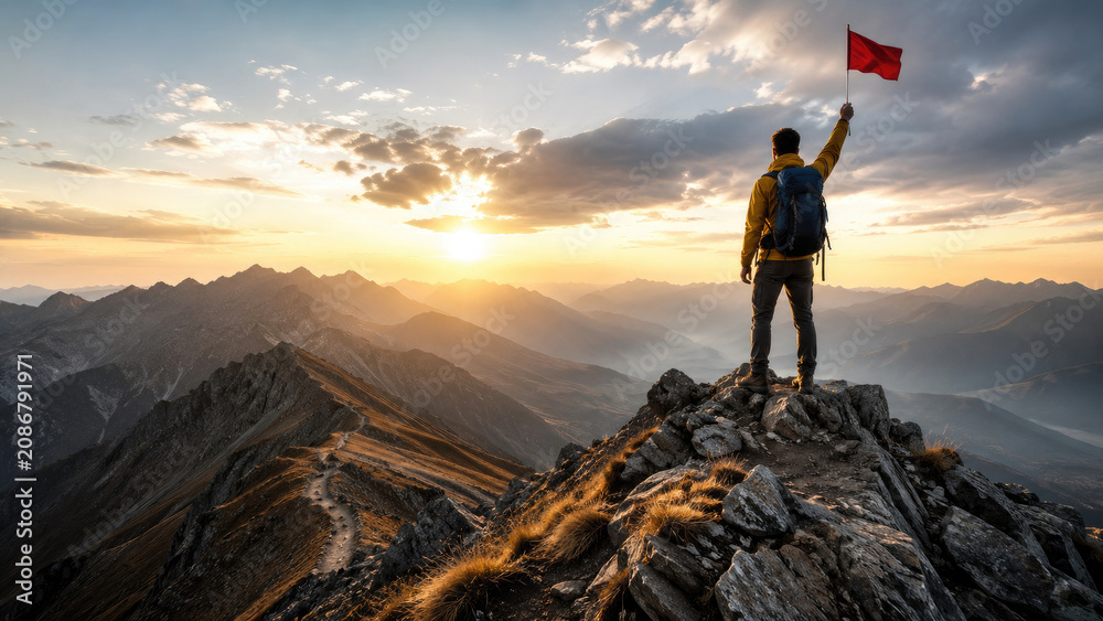 Obraz premium Hiker standing on a rocky mountain summit waving a red flag at sunrise over dramatic alpine ridges