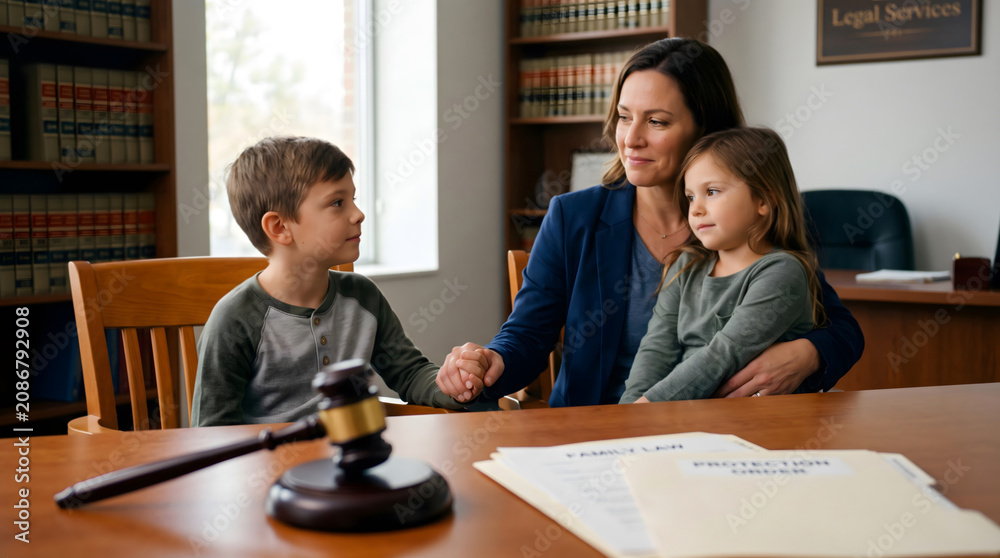 Fototapeta premium Family Law, Child Protection, Mother with children without father and judge's hammer Deprivation of the parental rights of father Law protecting kids