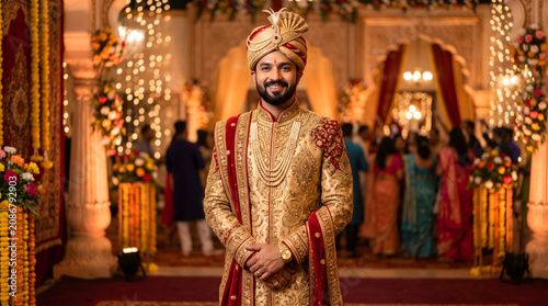 Special Celebration, Traditional Indian Attire, A man in a lavish gold and red Indian outfit, perfect for a special celebration