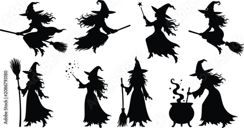 Cuadro en lienzo Set of black witch silhouettes for halloween design