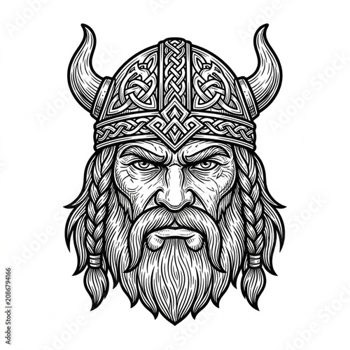 Fotografía Viking Warrior Head with Horned Helmet and Braids.