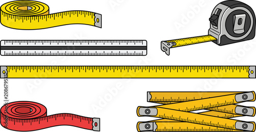 Measuring tools collection featuring tape measures rulers and folding rulers for construction tailoring and engineering vector illustration set