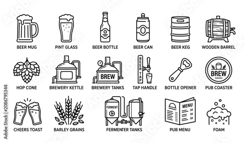 Fotografía Modern Beer and Brewing Icons Vector Set