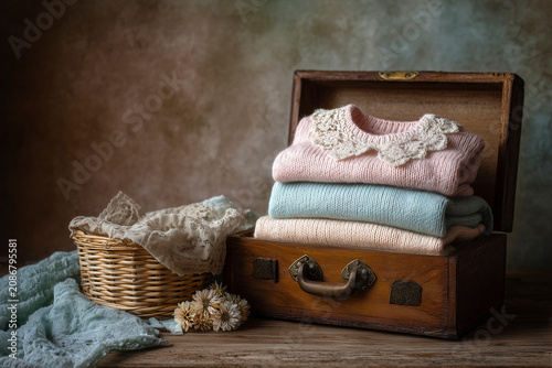 Baby in pastel colors inside wooden box