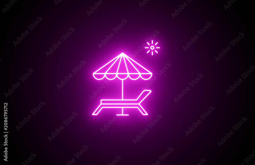 Obraz premium Neon glowing beach chair on black background. Beach chair, umbrella, summer icons. Tropical island vacation icon, beach chair with umbrella, serene summer holiday escape graphic, travel and relaxatio