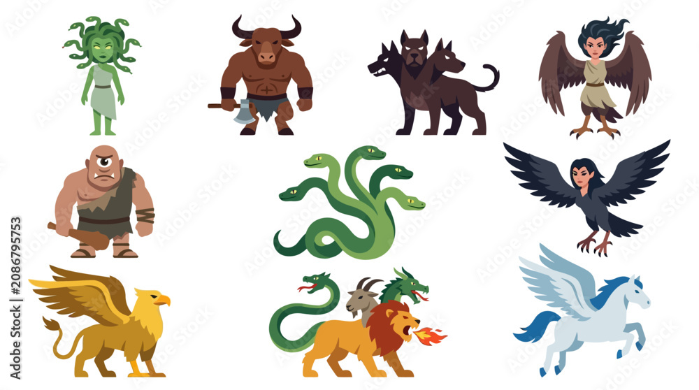 Obraz premium Greek mythology monster and guardian set of 9: Medusa, Minotaur, Cerberus, Cyclops, Hydra, Harpy, Griffin, Chimera, Pegasus