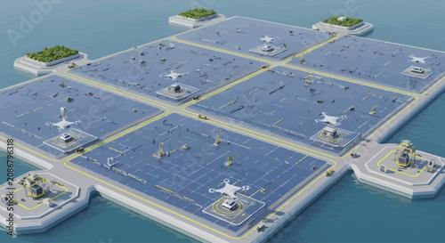 Canvas Print Large floating solar panel farm with helicopters.