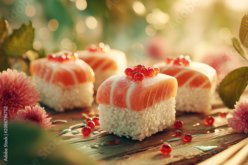 Kawaii sushi with rice and salmon macro