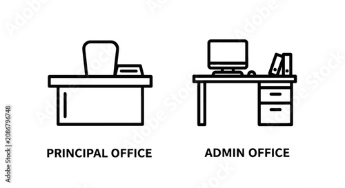 Office workstation line icons depicting a principal executive desk and a standard administrative office setup for corporate management environments