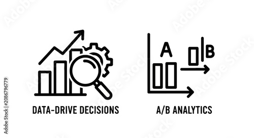 Data driven decisions and a b analytics reporting icons with analytics decision business statistics research analysis performance comparison