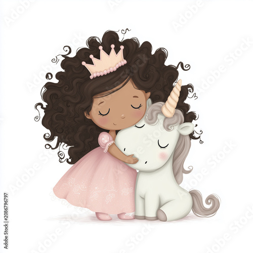 Princess girl hugging unicorn in pink dress