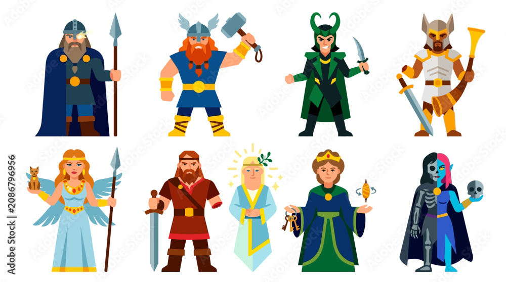 Fototapeta premium Norse mythology game character collection of 9: Odin, Thor, Loki, Freya, Tyr, Heimdall, Baldr, Frigg, Hel