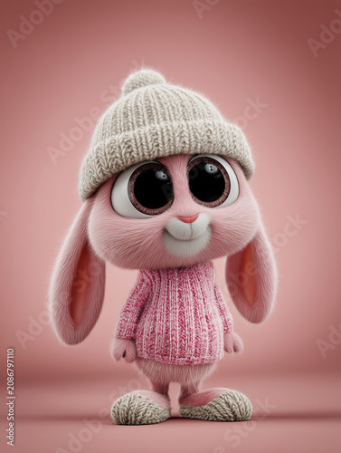 Pink rabbit wearing knitted hat and sweater