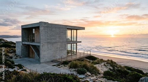 Modern minimalist cabin by serene lake at sunset.