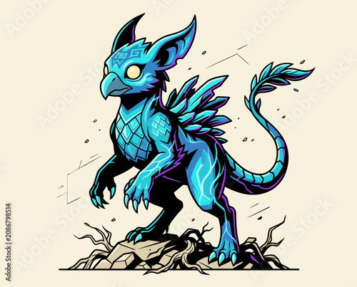Φωτογραφία Mythical Creature Griffin Standing on Rock, Fantasy Art Illustration