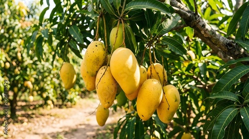 Close-up of a cluster of ripe yellow mangoes hanging from a tree branch