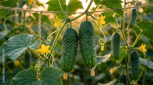  green cucumbers hanging on vines in a garden at sunset