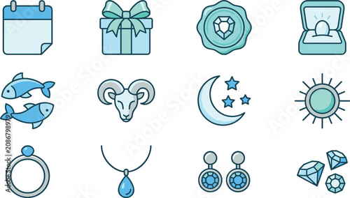Photos Astrology and Birthstone Jewelry Icon Set with Zodiac Symbols Calendar Moon and
