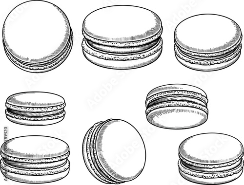 Bilde på lerret Macaron cookie collection, dessert pastry sketch vector illustration isolated ba