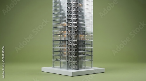 Modern glass skyscraper towering in urban green space.