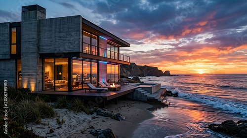 Modern industrial warehouse with warm sunset lighting exterior.
