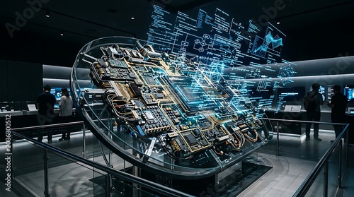 Cyberpunk cityscape with digital holographic display.