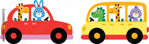 Canvas Print Cute animal passengers riding colorful cars, cartoon vehicle vector illustration