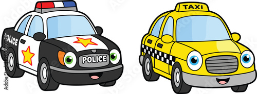 Tableau sur toile Cute police car and yellow taxi cartoon vehicles, vector illustration transporta
